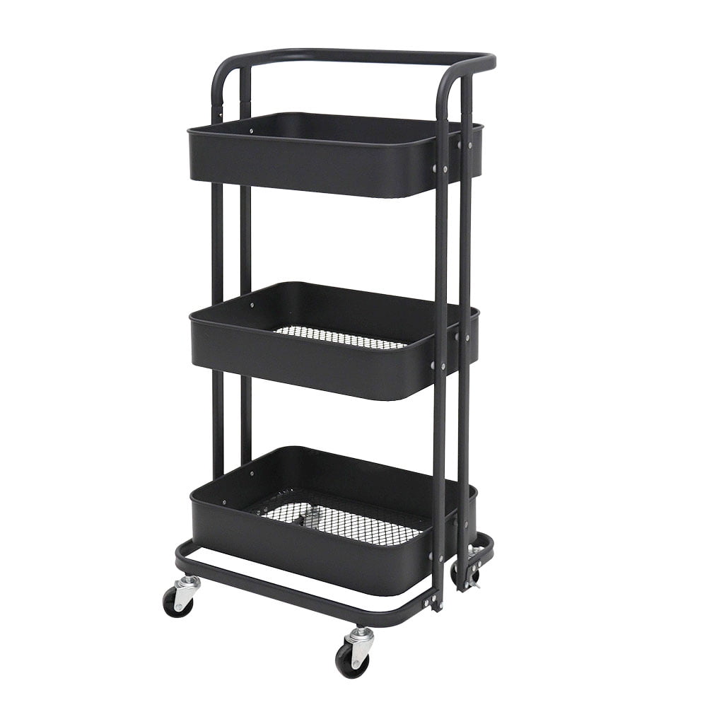 3 Tier Foldable Rolling Utility Cart-Black