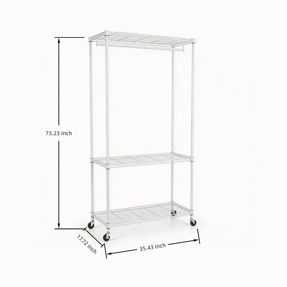 Rolling Clothes Rack, Heavy Duty Garment Rack with 3-Tier Wire Shelves & Hanging Rod, Freestanding Closet Organizer with 360° Wheels, White
