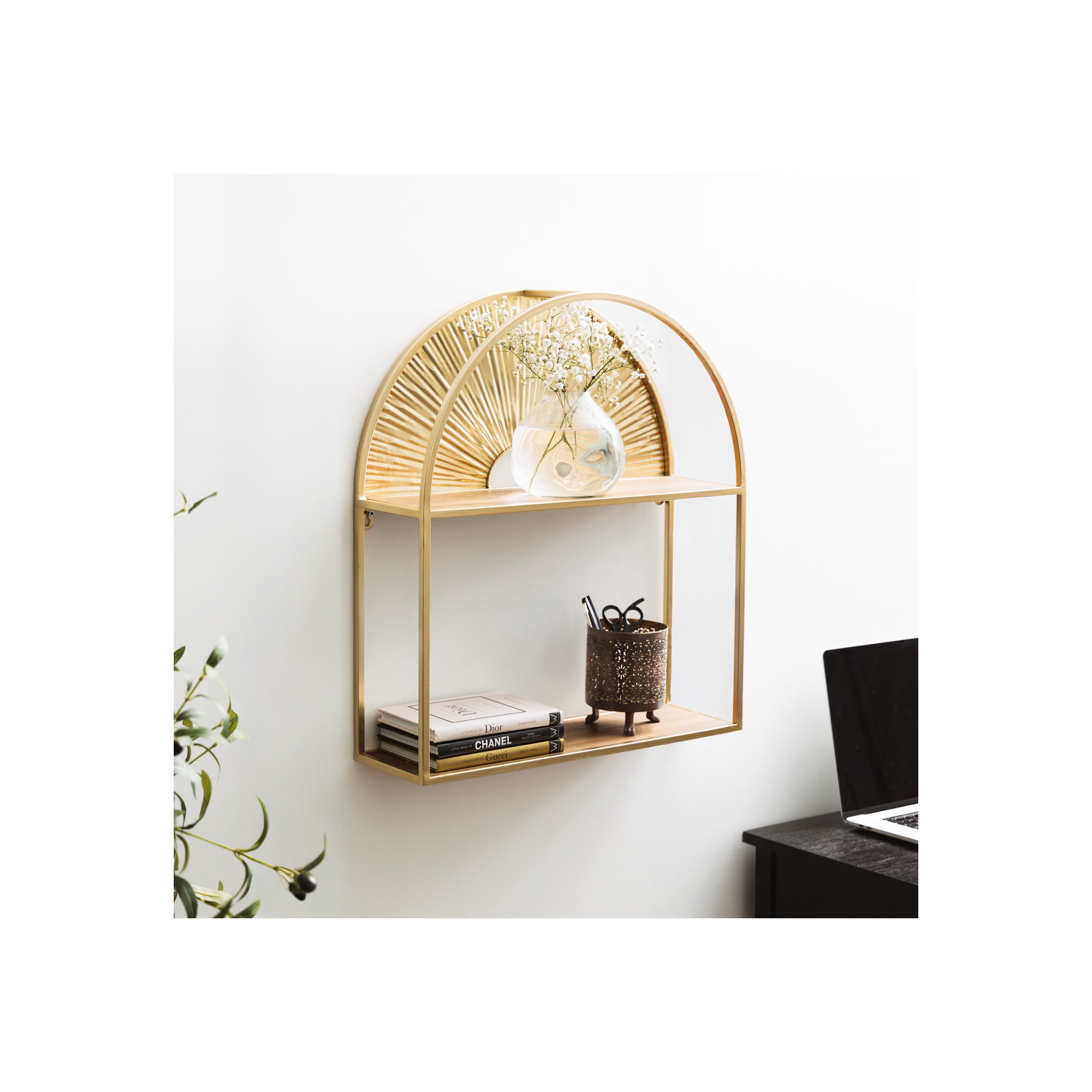 DecMode 20" x 6" 2-Tier Gold Sunburst Wall Shelf with Half-Moon Cutout