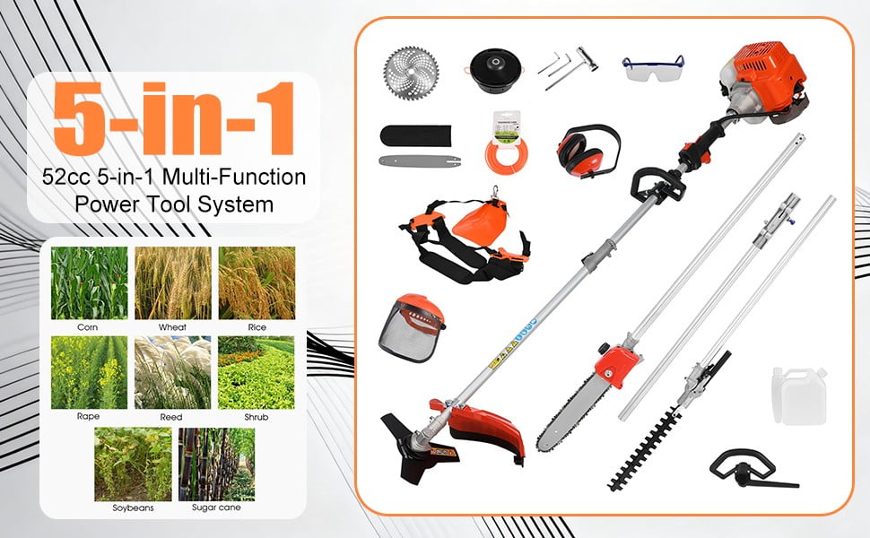 Floseru 5 in 1 Gas Powered Weed Eater,Cordless Multi Functional Lawn Mower Hedge Trimmer Brush Cutter Pruning Tool 2-Stroke Brush Cutter, Handheld Chainsaw Hedge Pruner