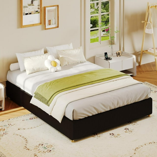 Full Size Cloud Bed Frame, Low Bed Frame Without Headboard, Corduroy Upholstered Low Platform Bed with Solid Wood Legs, No Box Spring Required, Quiet and Easy Assembly, Black