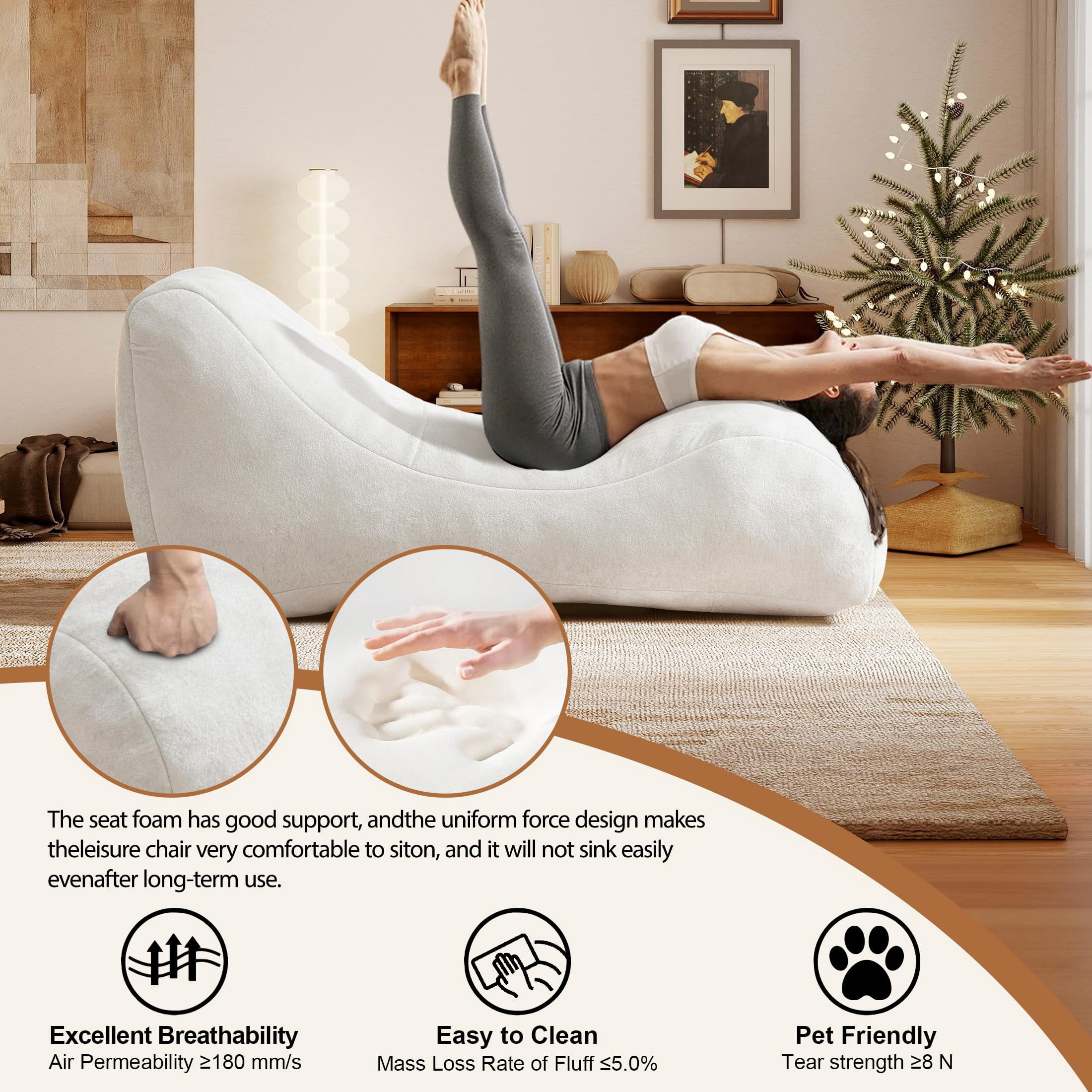 Aukfa Chaise Lounge, Bean Bag Sofa for Stretching, Relaxation, High Density Foam Recliner, White