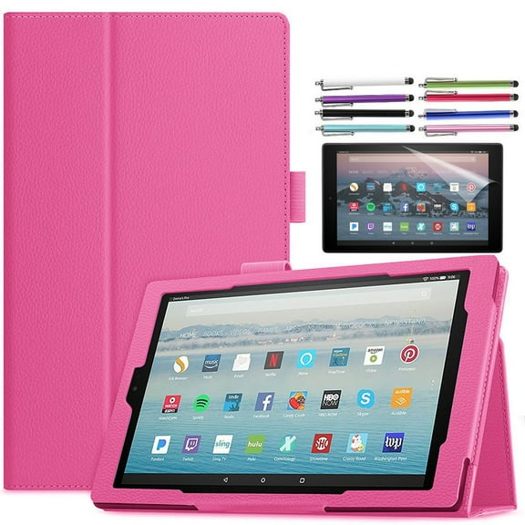 Amazon Fire HD 10" Case (2019/2017) With Auto Sleep/Wake, Fire HD 10 9th/7th Gen EpicGadget Stand Lightweight Cover PU Leather Case For 2019/2017 Fire HD 10   1 Screen Protector   1 Stylus (Hot Pink)