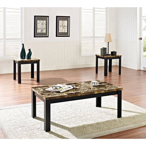 Excelent 3 piece faux marble coffee table set Acme 3 Piece Finely Coffee And End Table Set Dark Brown Faux Marble Black Walmart Com