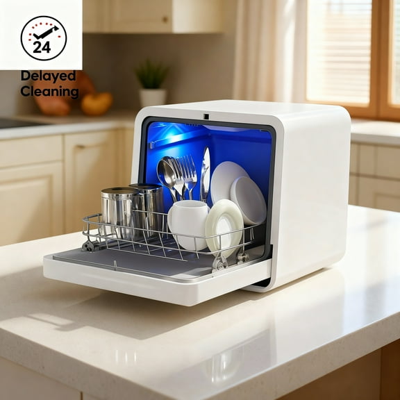Advwin Countertop Dishwasher with Upgraded 24H Delay Cleaning and 7 Programs & 5L Tank, 360° Dual Spray, Air Dry, No Install for Apartments/RVs
