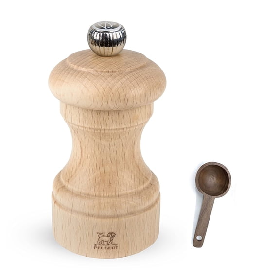 Peugeot Bistro Manual Salt Mill, Natural Wood 10 cm - 4in - With Wooden Spice Scoop