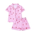 thumbnail image 6 of HAYIMI Child Girls 2 Piece Pajama Set Short Sleeve Lapel Button Down Shirt and Ruffled Shorts with Bowknot Print Kids Sleepwear Relaxed Fit Nightwear, 6 of 7