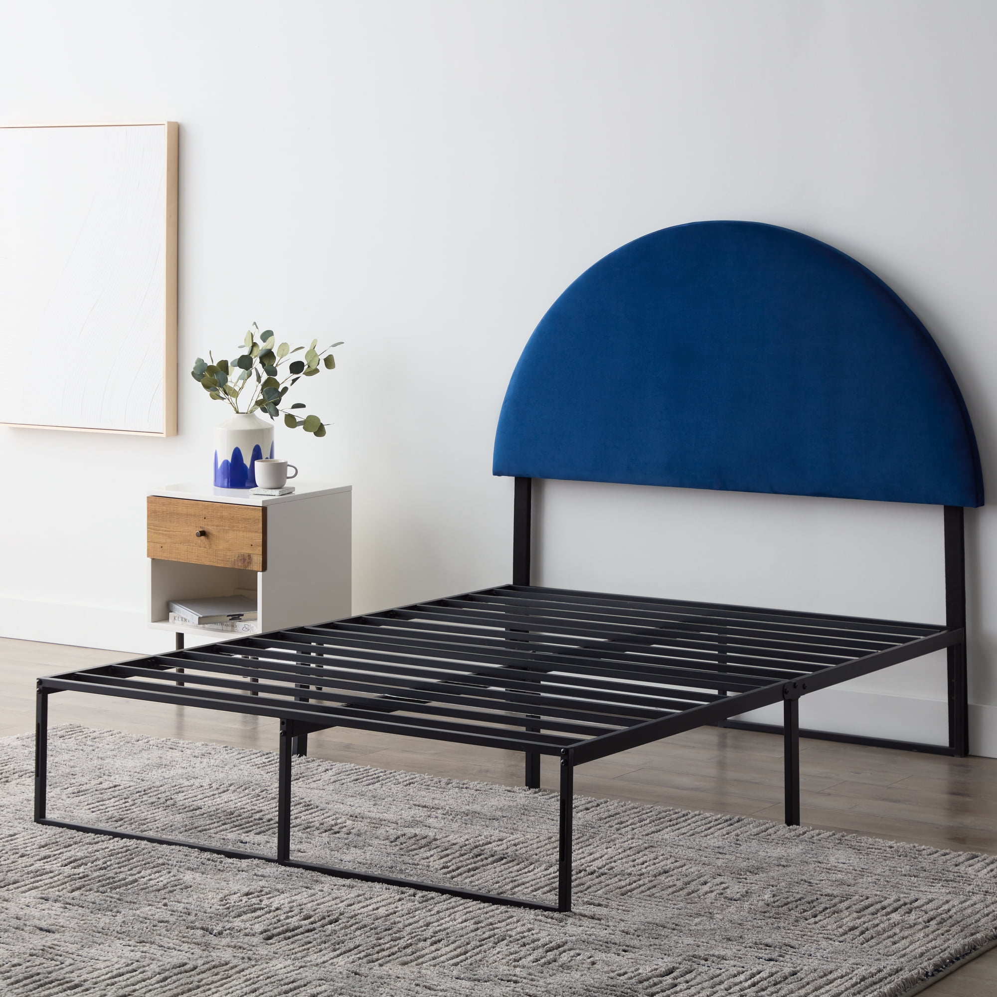 Rest Haven Manchester Half-Moon Modern Upholstered Headboard, Full, Velvet Navy