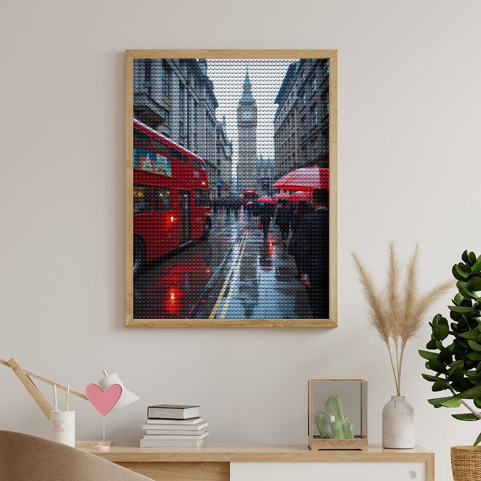 Diamond Art Kits for Adults - London Rainy Day Red Buses Umbrellas 5d Diamond Painting for Adults, Diamond Art for Adults Beginners, Frameless Diamond Painting Kits for Adults for Home Wall Decor