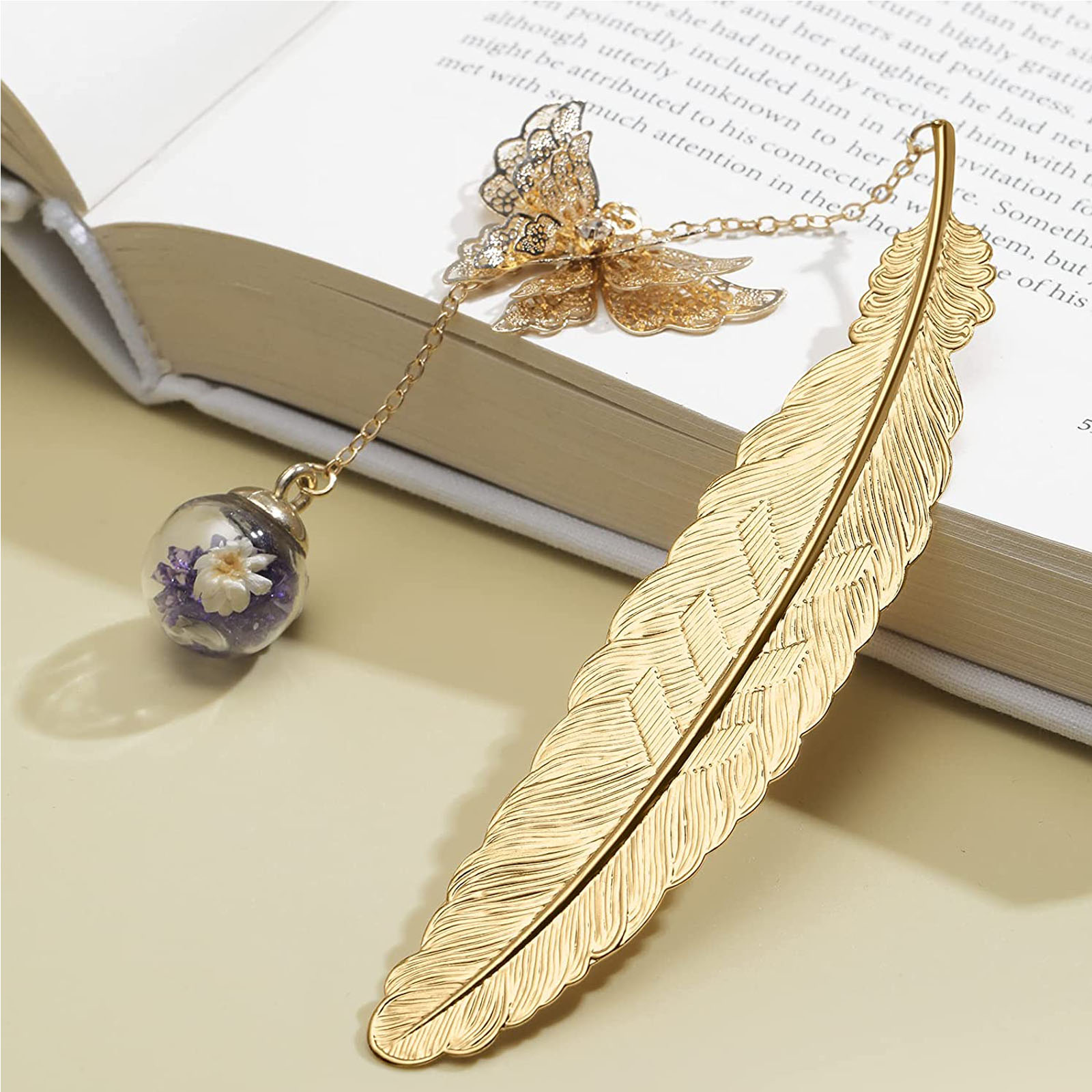 Metal Feather Leaf Bookmark With Butterfly Pendant - 3D Elegant Bookmark Gift For Readers, Teachers, Women (Gift Box Included)