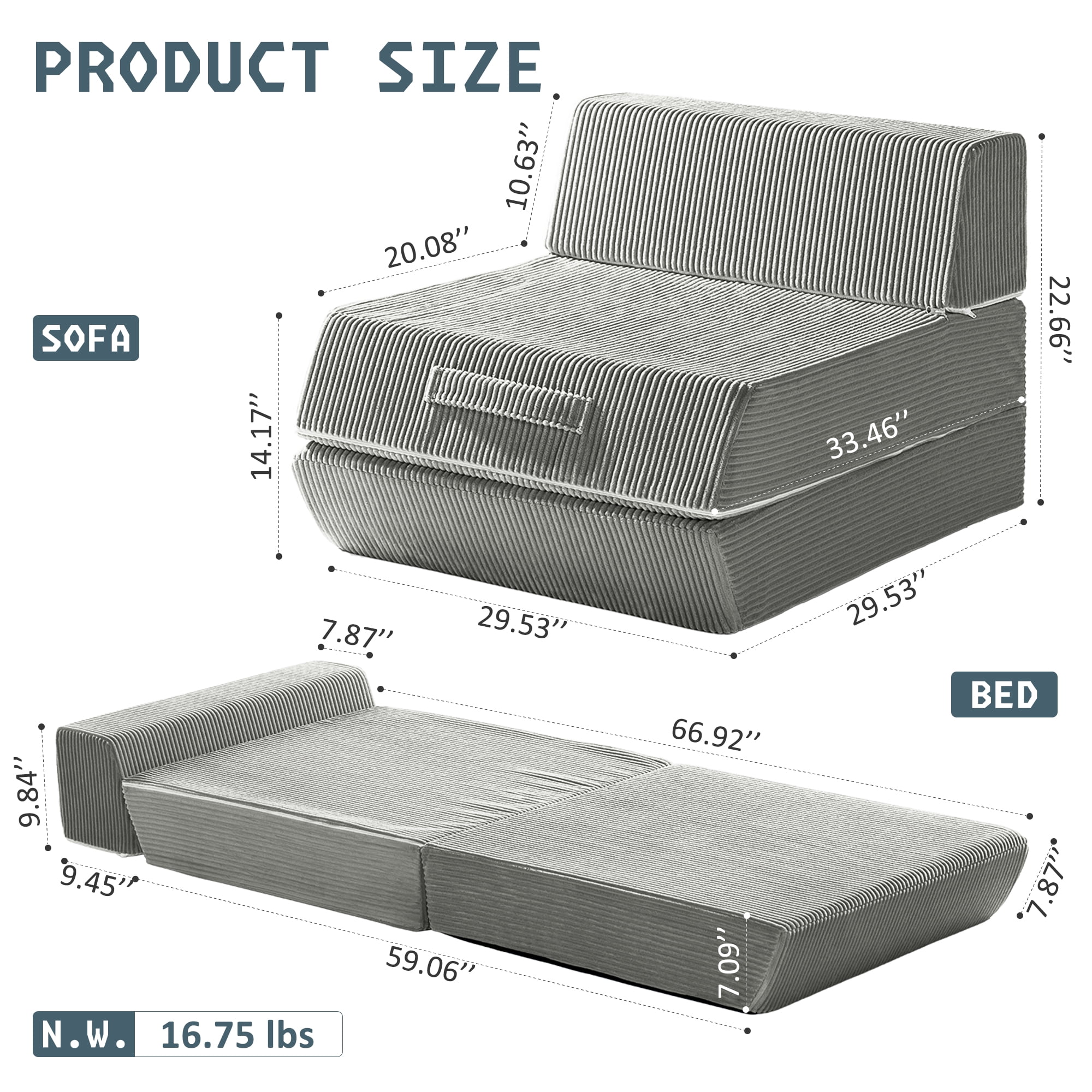 Alvantor Folding Sofa Bed, Convertible Sleeper Chair with Removable Back Pillow and Carry Handles, Portable Fold Out Floor Sofa for Living Room, Bedroom, Dorm, Single, Light Gray