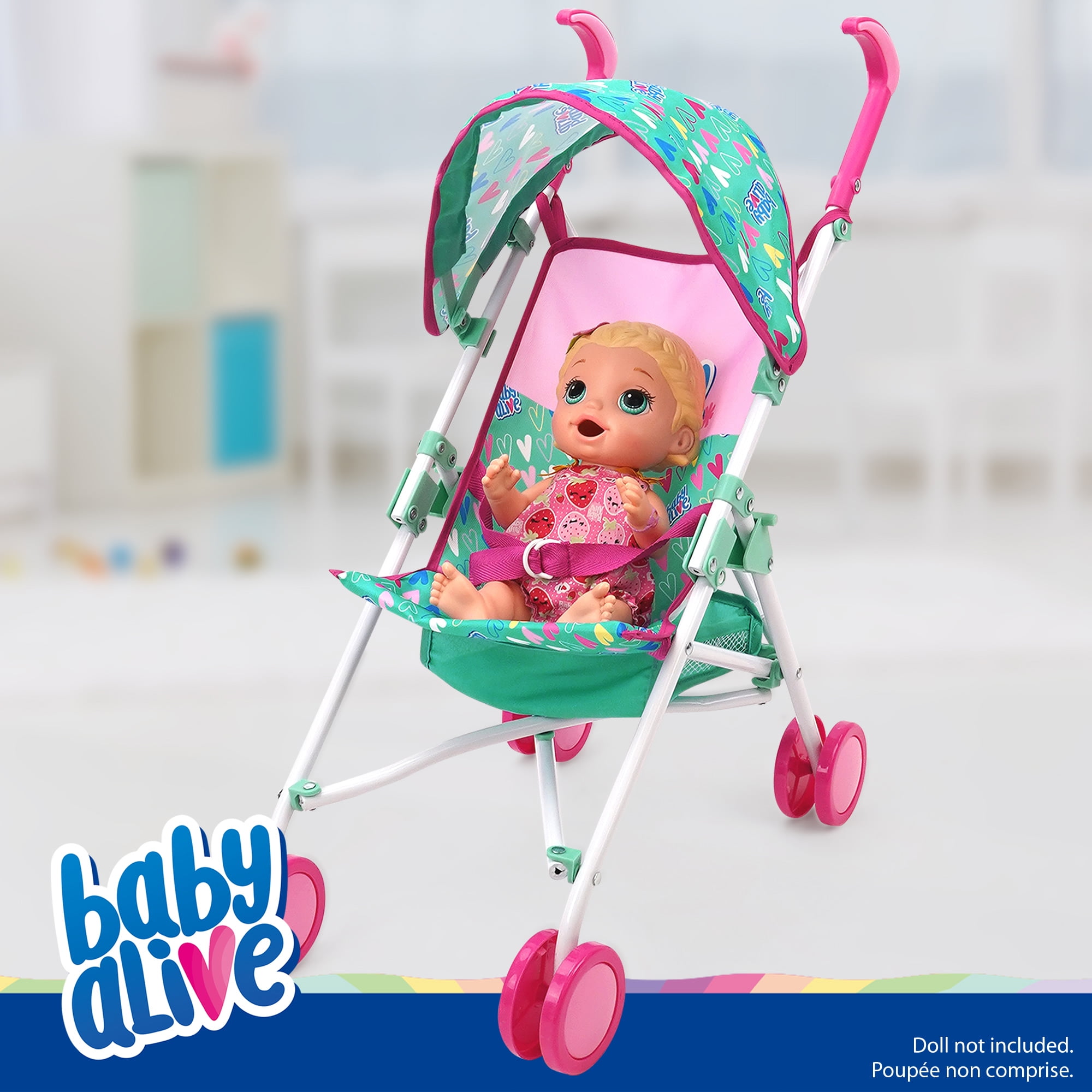 Baby Alive: Doll Umbrella Stroller - Green, Pink, Hearts - Accessory For Dolls Up To 24", Foldable Design, Retractable Canopy, Kids Toy, Ages 3+