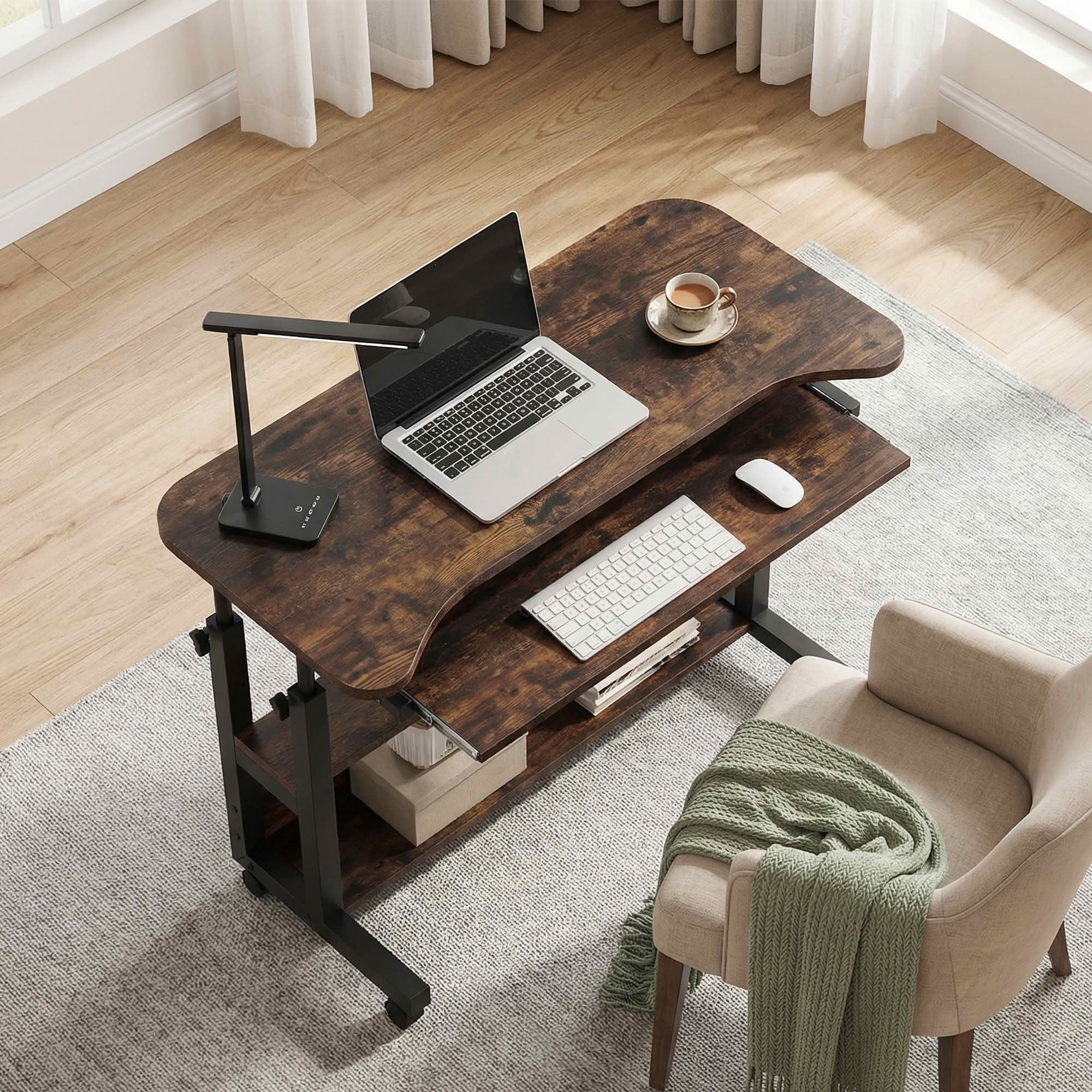 MAYEETY Height Adjustable Mobile Desk Wireless Charging Laptop Desk with Keyboard Tray