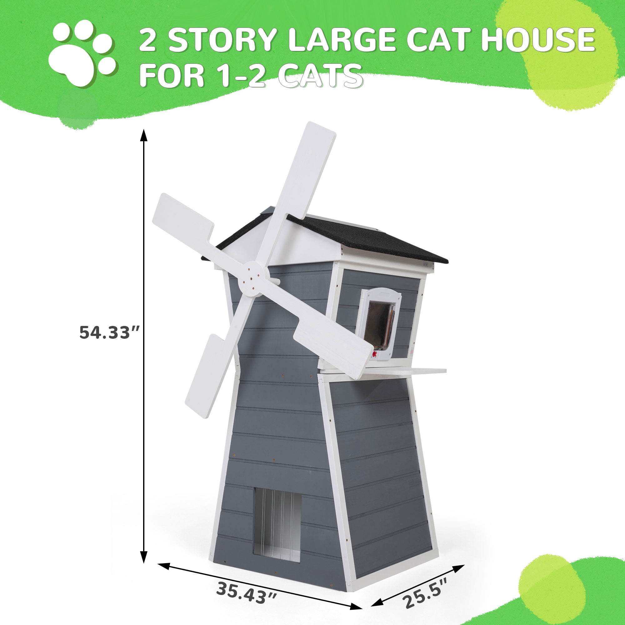 Coziwow Outdoor Cat House, Two-Story Windmill-Shaped Kitty Enclosure with Waterproof Roof, Viewing Platform for Porch or Garden