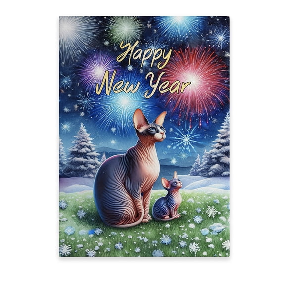 Happy New Year Sphynx Family Cheer Winter Midnight Firework Vertical Matte Canvas Poster Cat Lover Kitten Owner Gifts Idea Wall Art Home Decor - 02025