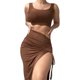 thumbnail image 2 of VISgogo Traje de falda corta para mujer Color sólido Sin mangas Cuello en U Crop Tank Tops + Falda con abertura lateral fruncida VISgogo moda, 2 of 9