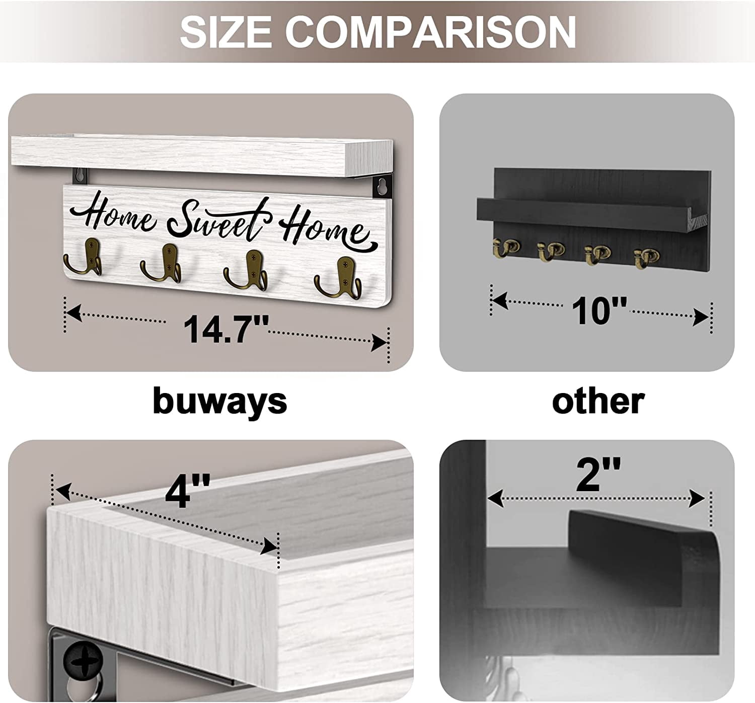 Key Holder for Wall, Dinosam Mail Organizer Wall Mount with Double 4 Key Hook and Mail Holder, Designer Key Rack Suitable for Entryway, Hallway, Bedroom, Living Room and Office，White