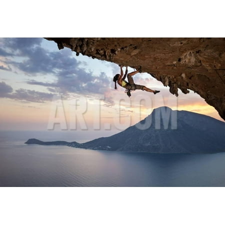 Young Female Rock Climber at Sunset, Kalymnos Island, Greece Print Wall Art By