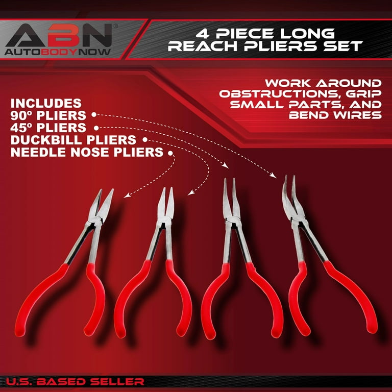 ABN Long Reach Pliers 4 Piece Set Angled Curved Straight and