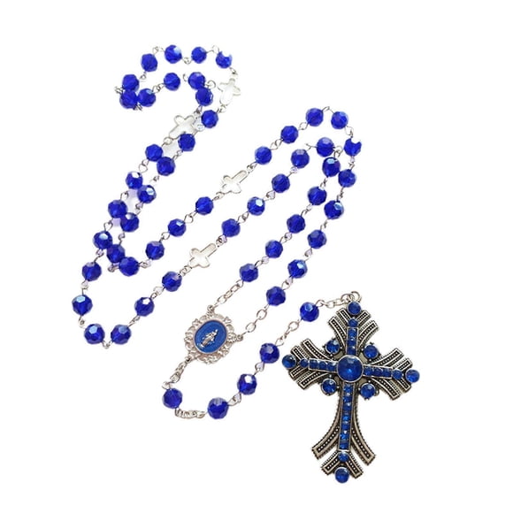 8mm Blue Crystal Beads Rosary Necklace Medal Crucifix Cross Pendant Chain Catholic Religious Jewelry for Women Girl Gift