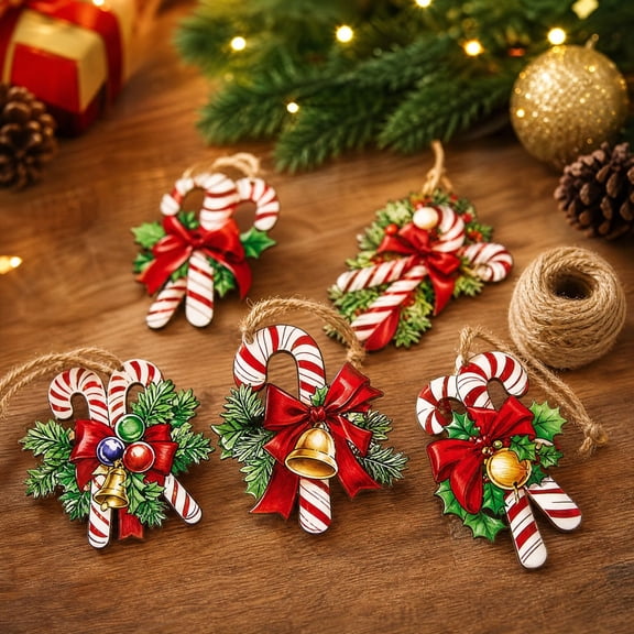 Christmas Candy Cane Ornaments 12 Pcs, Wooden Mini Hanging Decor with Bow Holly Berry Details, Jute String Easy Hang Fade Resistant Design, Reusable Tree Wreath Garland Holiday Gift