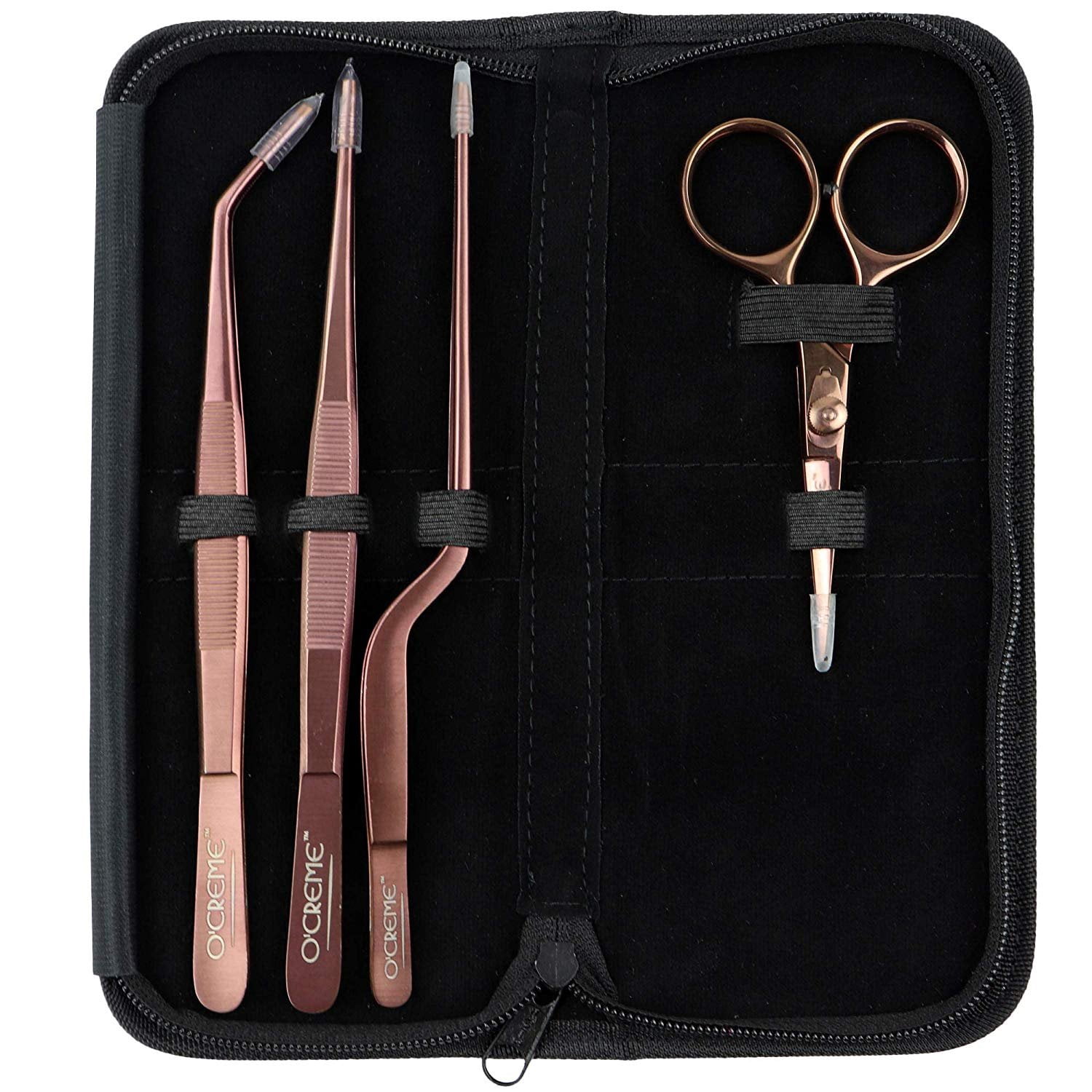 O'Creme Set of Culinary Tweezer Tongs 8 Inch Straight, 8 Inch Offset and 8 Inch Curved, Plus Super Sharp Chef Scissors, Total 4 Pieces Rose Gold
