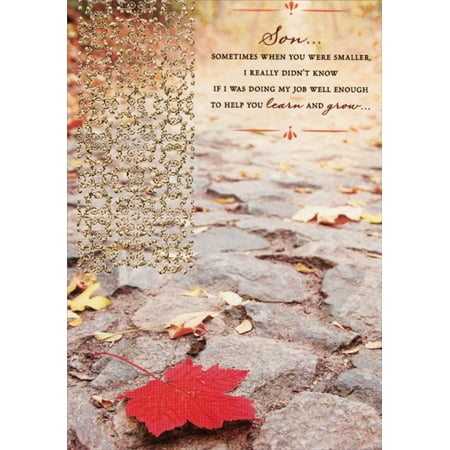 Designer Greetings Textured Red Leaf on Stone Walkway with Gold Foil: Son Religious Birthday