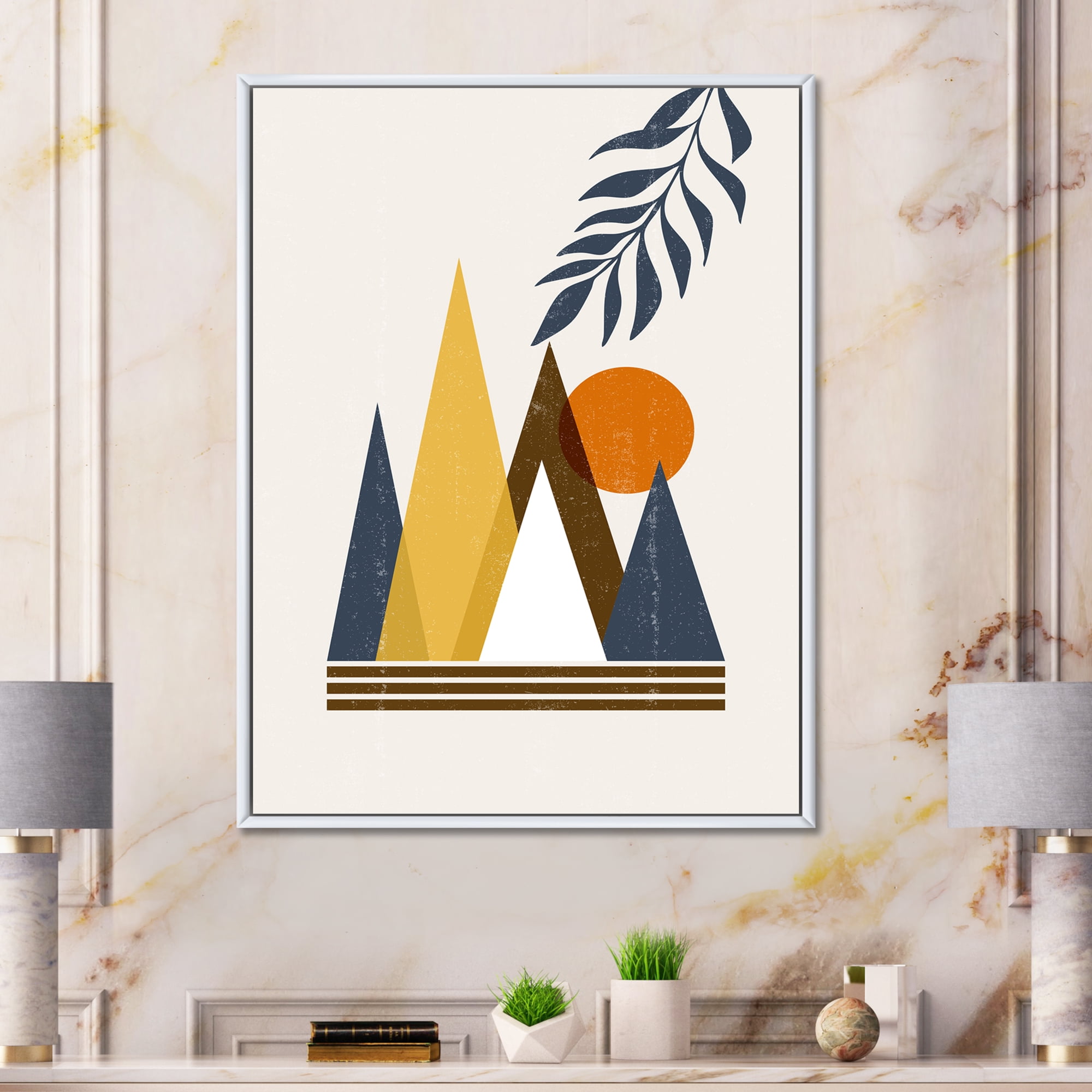 Designart 'Abstract Moon and Sun In Mountains I' Modern Framed Canvas Wall Art Print