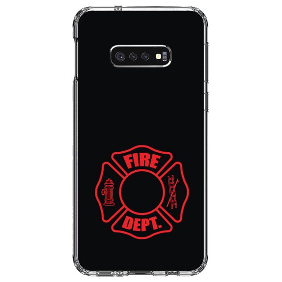 DistinctInk Clear Shockproof Hybrid Case for Samsung Galaxy S10e (5.8" Screen) - TPU Bumper, Acrylic Back, Tempered Glass Screen Protector - Red Fire Department Maltese Cross - First Responders