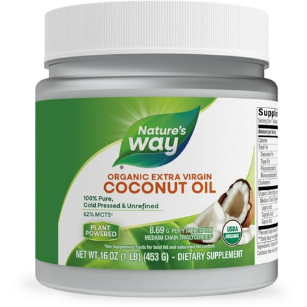 Nature's Way USDA Organic Extra Virgin Coconut Oil, Pure, Cold-Pressed, Contains 62% MCTs, 16 Oz