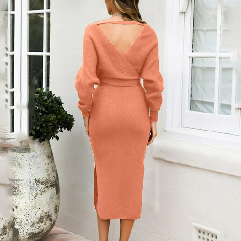 Fewfanhot Fall Wedding Guest Dresses for Women V Neck Sweater Dresses  Batwing Long Sleeve Backless Bodycon Long Dress with Belt - Walmart.com