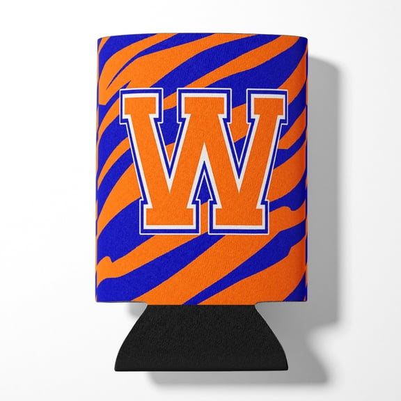 Letter W Initial Tiger Stripe - Blue Orange  Can or Bottle Hugger