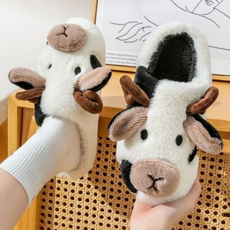 

QWZNDZGR New Pet Pig Cow Plush Slippers for Women Men Winter Warm Furry Cotton Slippers Couples Home Indoor Bedroom Slip On Fur Shoes