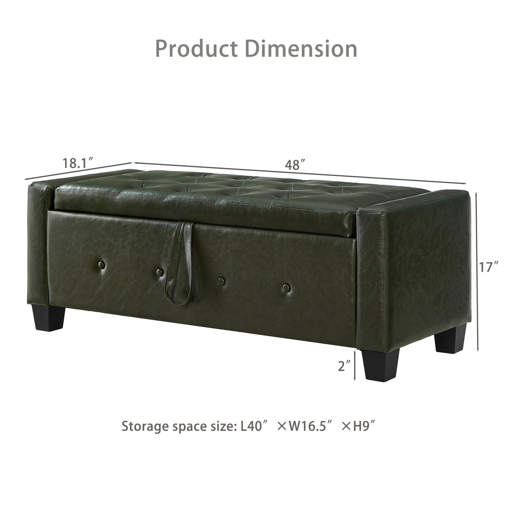 48" Storage Ottoman Bench, Upholstered Faux Leather Entryway Bench with Seating, Tufted Large End of Bed Ottomans for Living Room, Bedroom, Holds up to 300 lb, Dark Green