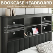 Lifezone Bookcase Beds Queen Bed Frame with Wooden Platform, Rustic Grey