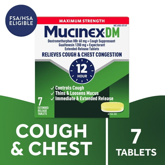 Mucinex DM 12 Hour Max Strength Expectorant & Cough Medicine, Excess Mucus Relief, FSA, 7 Tablets
