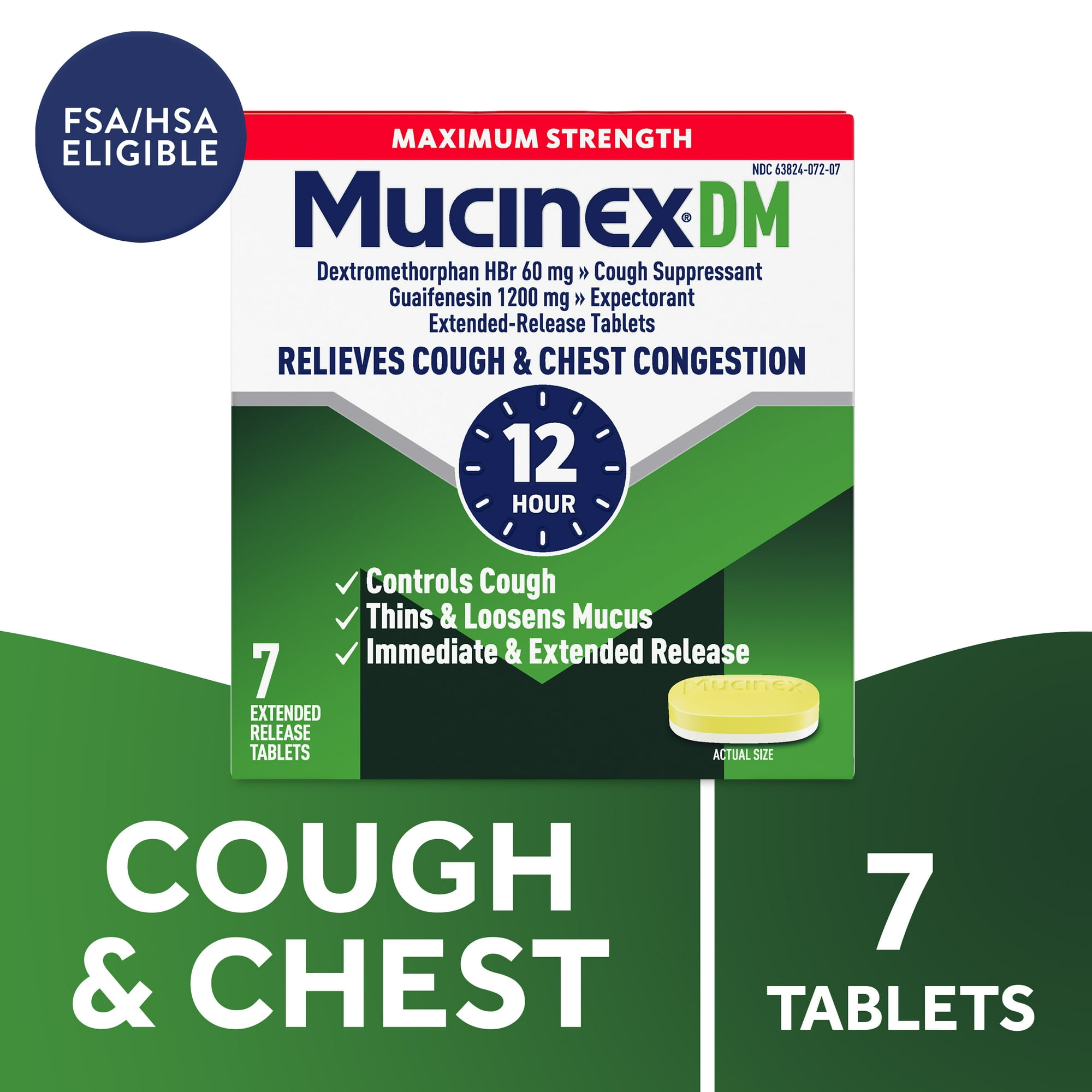 Mucinex DM 12 Hour Max Strength Expectorant & Cough Medicine, Excess Mucus Relief, FSA, 7 Tablets