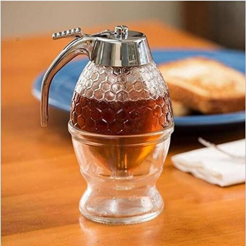 8fl oz Honey Dispenser with Stand – No-Drip Chrome-Plated ABS Lid, Honeycomb Design Jar for Honey, Maple Syrup