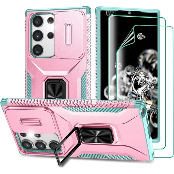 for Samsung Galaxy S23 Ultra Case with Slide Camera Cover & Screen Protector (2 PCS), Build in 360° Rotating Ring Kickstand, Military Grade Protective Case for Galaxy S23 Ultra 6.8", Pink Mint