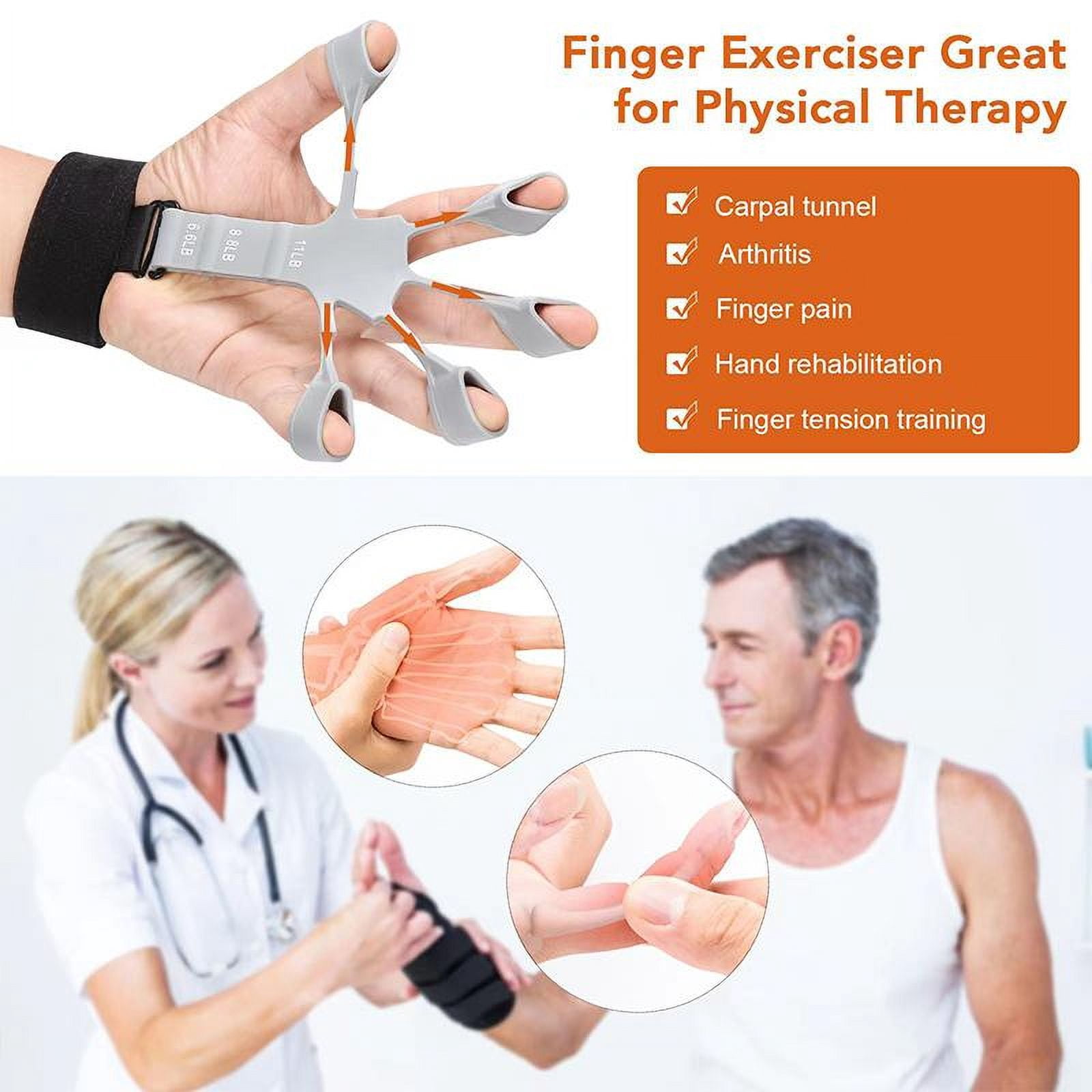 Finger trainer, wrist tension device, 6 wristbands, and 6 trainers (3 gray and 3 black)