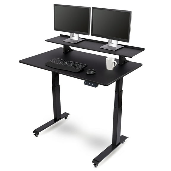 Stand Up Desk Store Split Top Electric Adjustable Height Standing Desk with Monitor Shelf (Black Frame/Matte Black Top, 48" Wide)