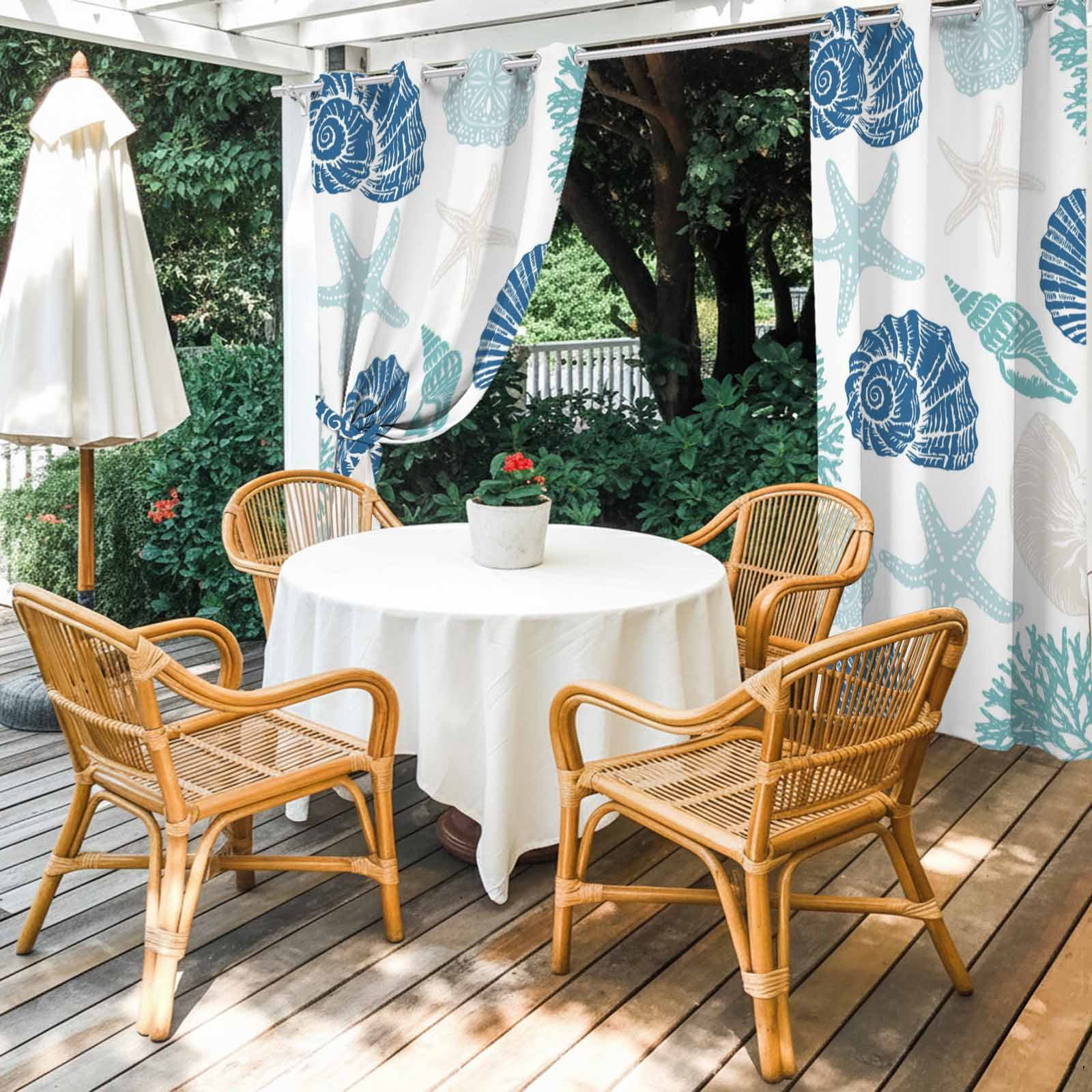 Summer Marine Life Outdoor Curtains for Patio, Graffiti Blue Corals Shell Conch Sea Starfish Sunshade Privacy Drapes Grommet Waterproof Outside Curtains for Porch/Cabana/Balcony 54"x 108", 1 Panel