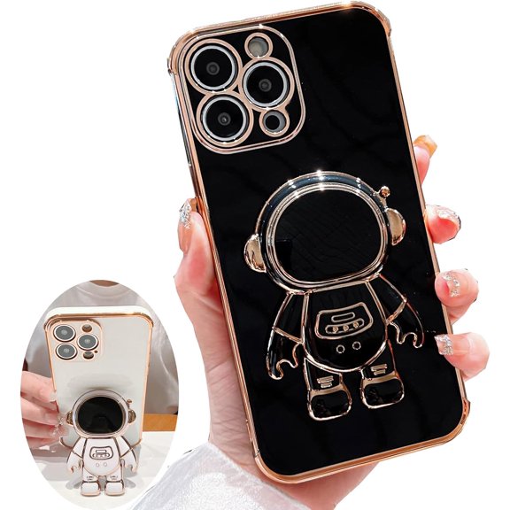 for iPhone 11 Pro Max Case ,Pasteable Hidden Astronaut Kickstand Stand ,Upgrade Gold Trim Shockproof Corners Bracket Cover Cute for Women Men for iPhone 11 Pro Max Case (for iPhone11ProMax,black)