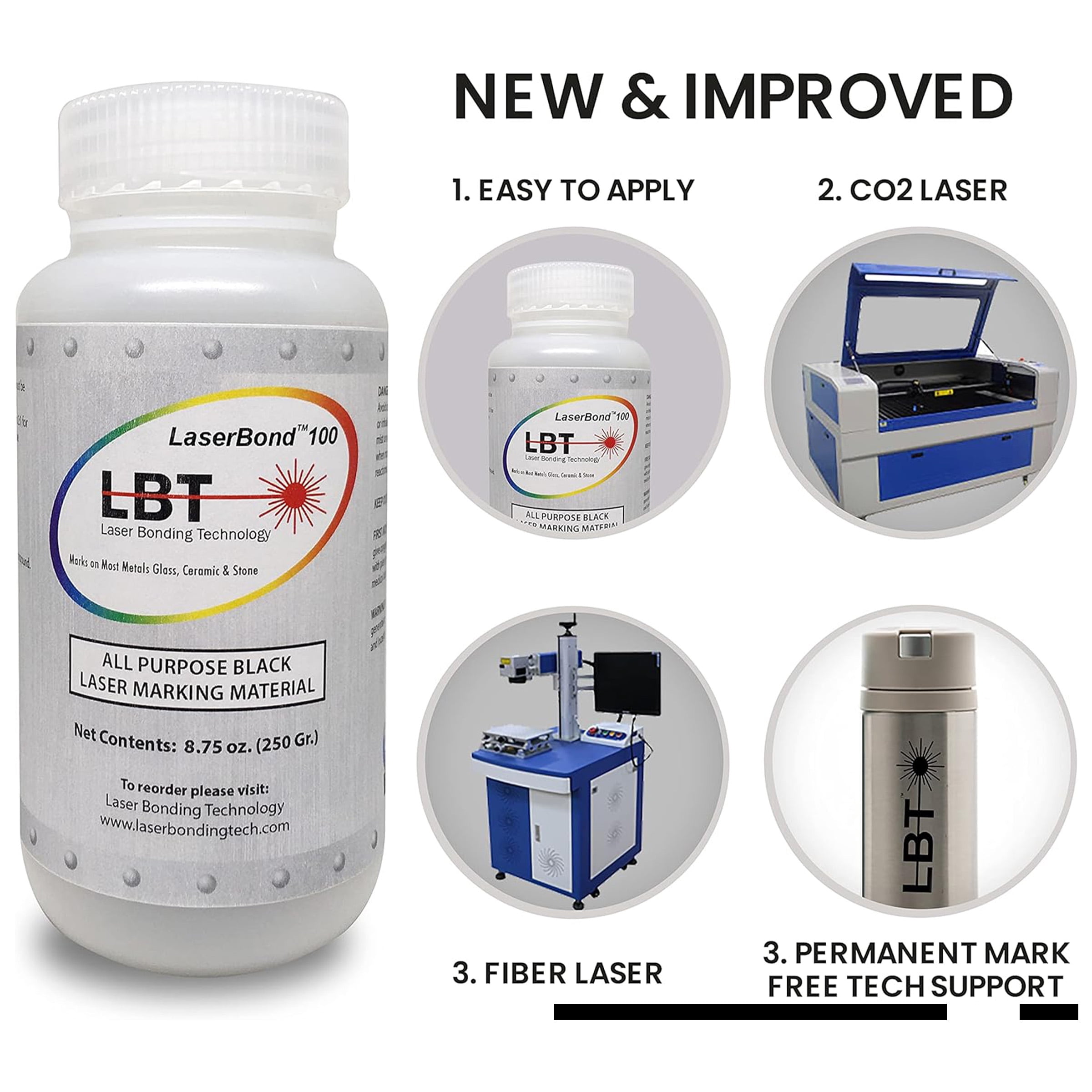 LaserBond 100 Black Laser Marking Ink 250g, Compatible with CO2 Fiber Diode and YAG Laser Engravers, Permanent Marks on Metal Glass Stone and Ceramic