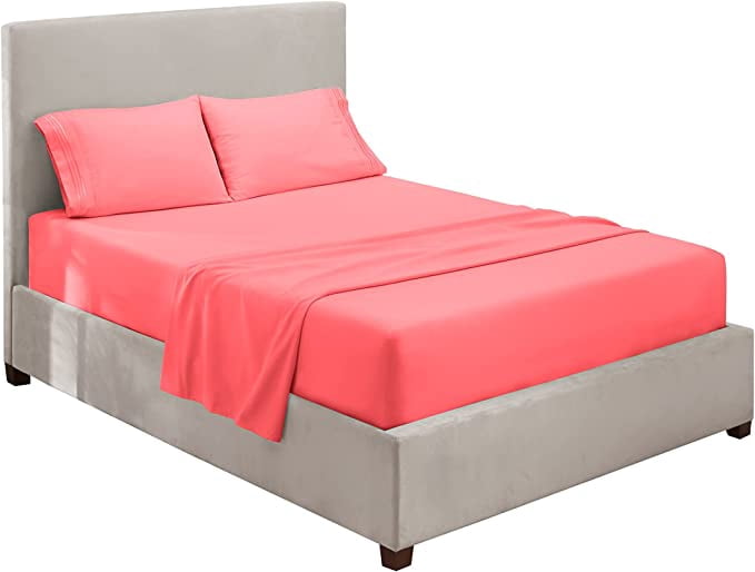 Clara Clark Premier 1800 Microfiber Collection 3-Line Bed Sheet Set, King Size, Coral Pink
