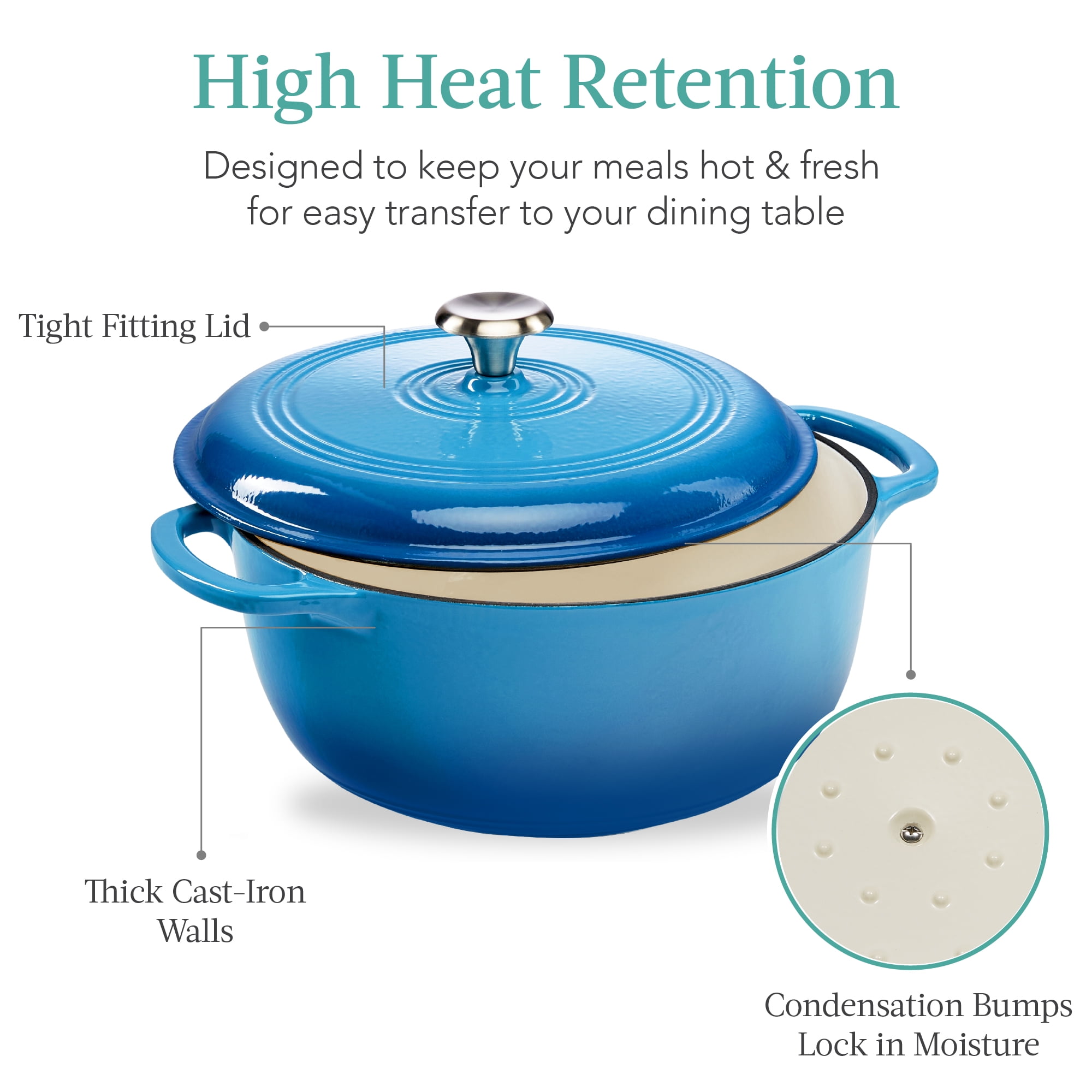 Dutch Oven Cast Iron 6.5 qt Enameled Round True Classic All Cooking Surfaces GAS Electric Induction Open Fire (Blue)