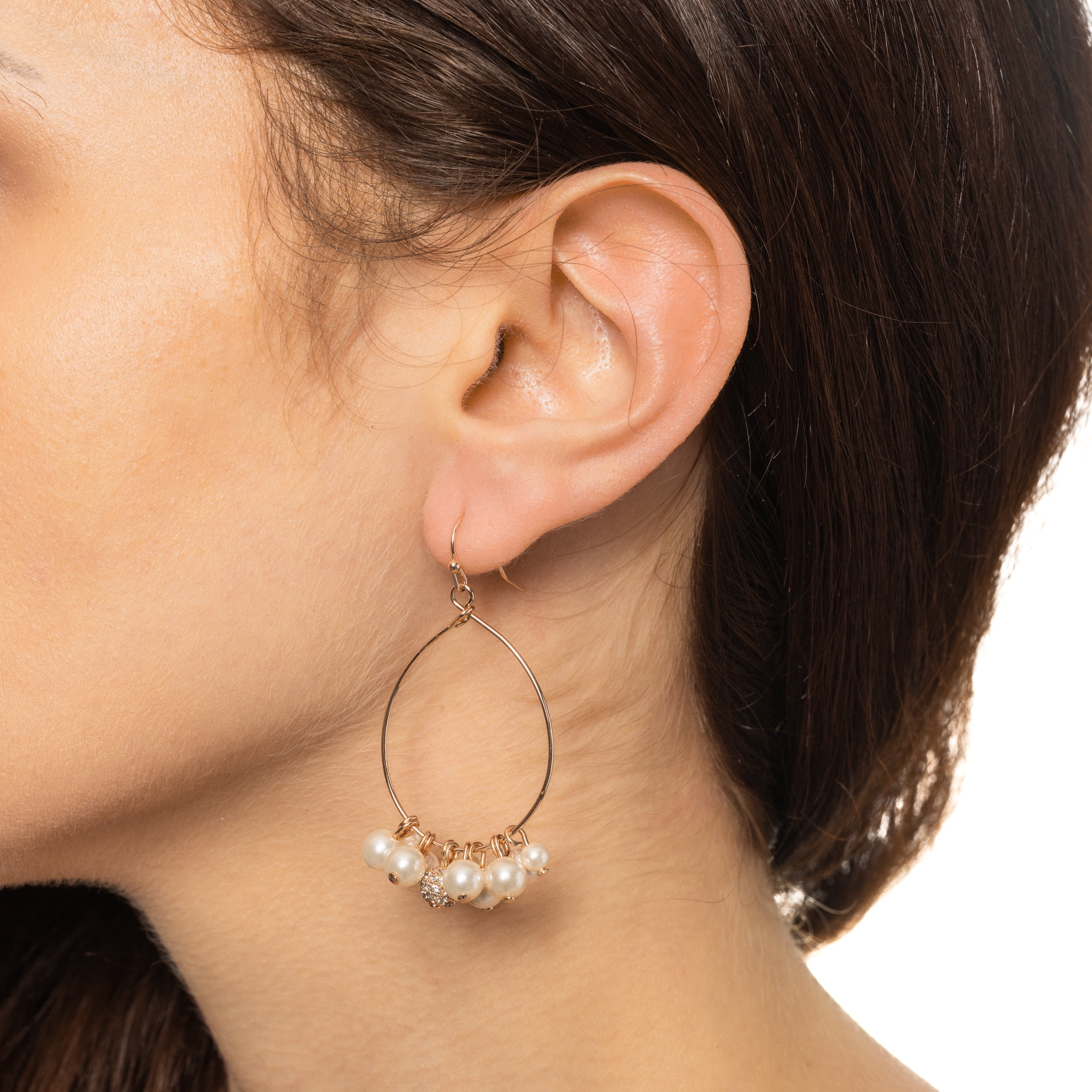 Believe by Brilliance Women's Simulated Pearl Hoop Earrings in 14KT Rose Gold Flash Plated