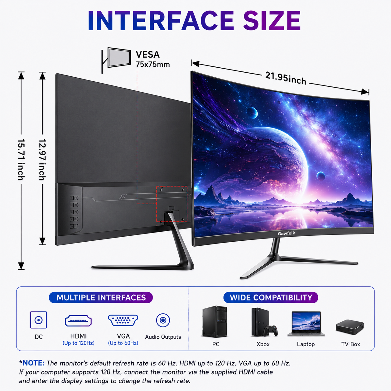 Gawfolk 24.5-Inch Curved Gaming Monitor, 120Hz, Full HD photo 2