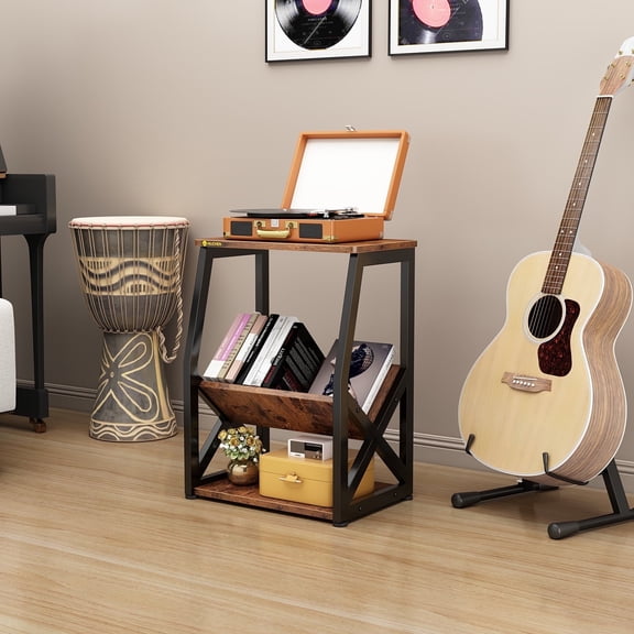 NEWSENDY Rustic Brown 3 - Tier Industrial Side Table with Storage Shelves for Living Room Bedroom