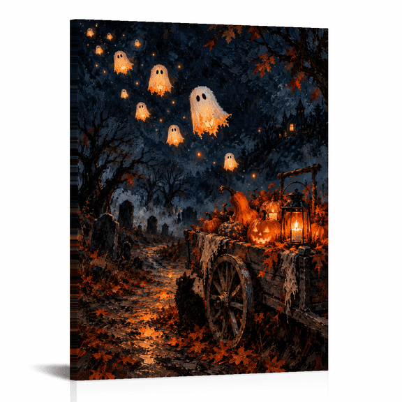 Halloween Canvas Wall Art, Dark Blue Orange Spooky Ghost Black Cat Design, 16 x 20 Inch Unframed Vintage Holiday Decor for Living Room Bedroom Party